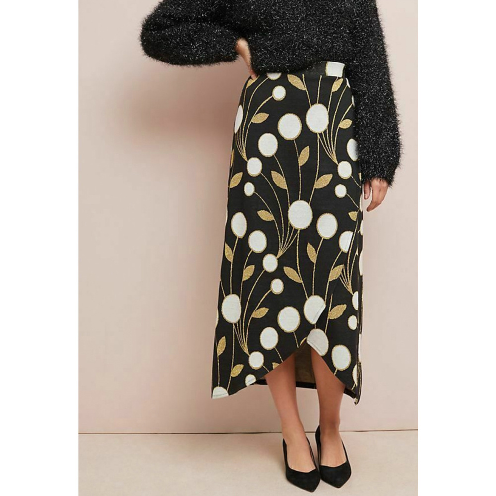 Anthropologie Black Midi Skirt with White and Gold Floral Dots